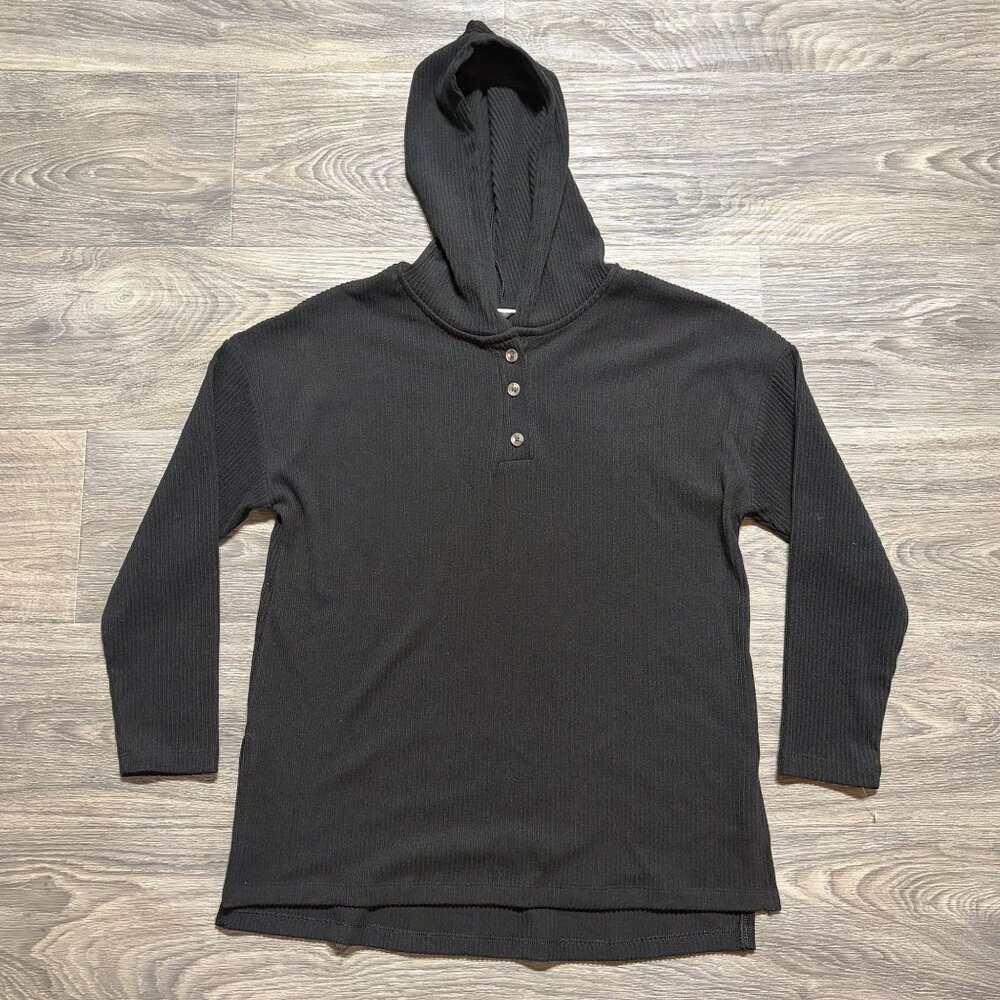 Old Navy XS Black Ribbed Rib Knit Hoodie Tunic Henley Long Sleeve Split Hem